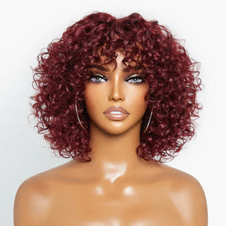 QVR Burgundy Water Wave Short Pixie Cut Wigs With Bangs Ombre Color Bob Wigs