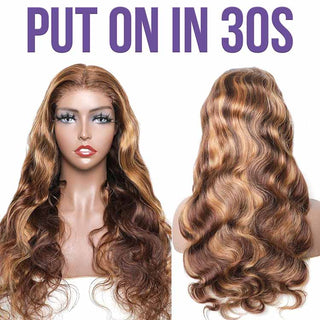 QVR Glueless Pre-cut 4x4 HD Lace Closure Human Hair Wigs Body Wave Piano #4/27 Highlight Wear and Go Wigs