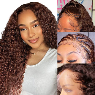 QVR Glueless Auburn Brown 13x4 Lace Frontal Wig Kinky Curly Reddish Brown Color Human Hair Wigs