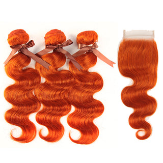QVR Body Wave Hair Bundles With Closure Remy Human Hair 3 Bundles with Frontal Orange Ginger Color