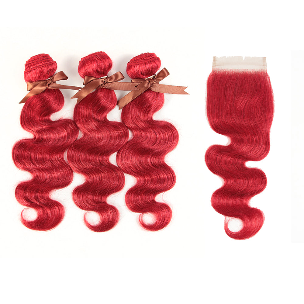 Queen Remy Human Hair 3 Bundles with Closure Body Wave Red Color