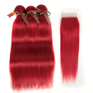 Queen Remy Human Hair 3 Bundles with Closure Straight Hair Weave Red Color
