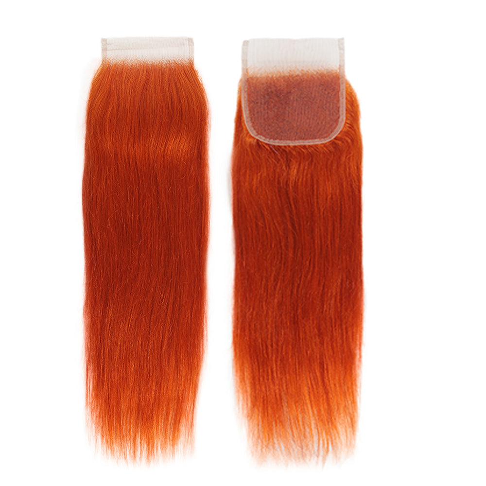Queen Remy Human Hair Ginger Orange Color 3 Bundles with Closure Straight Hair Weave Orange Color