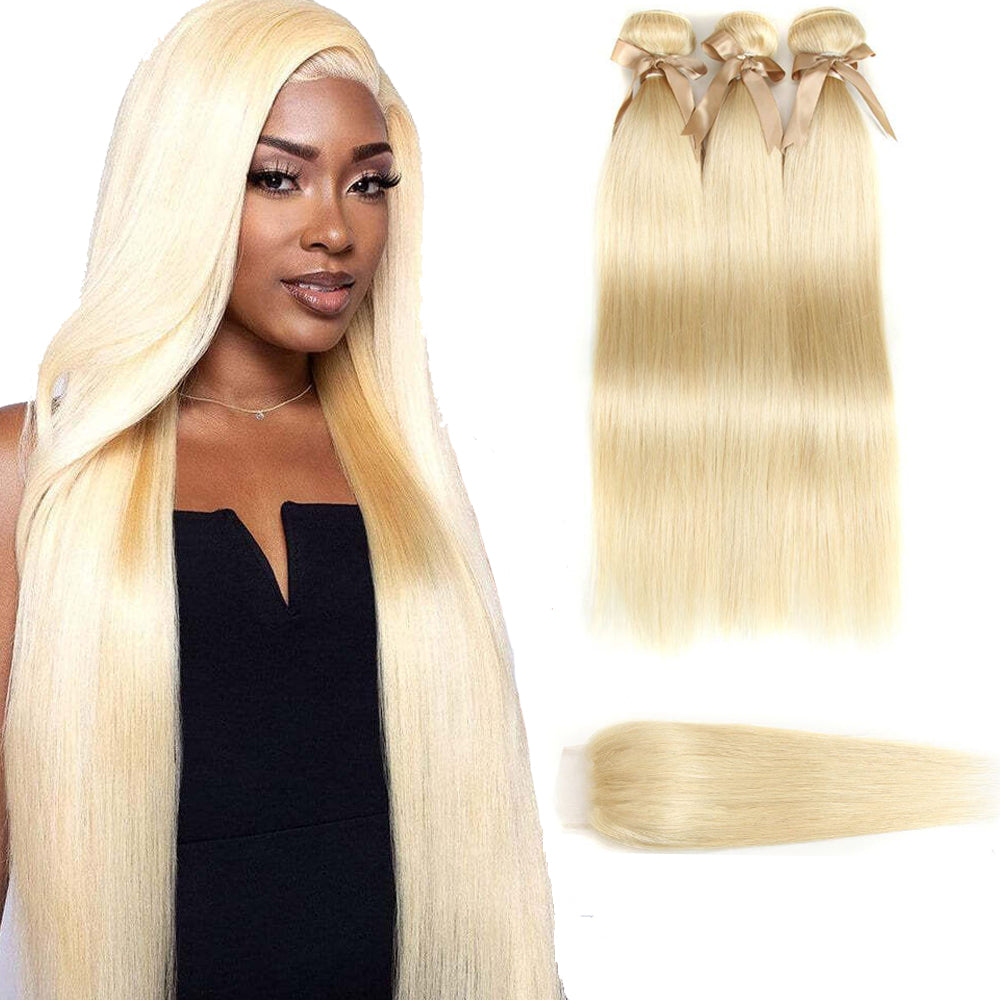 QVR Remy Human Hair Blonde Straight Hair 3 Bundles With 4x4 Lace Closure 613