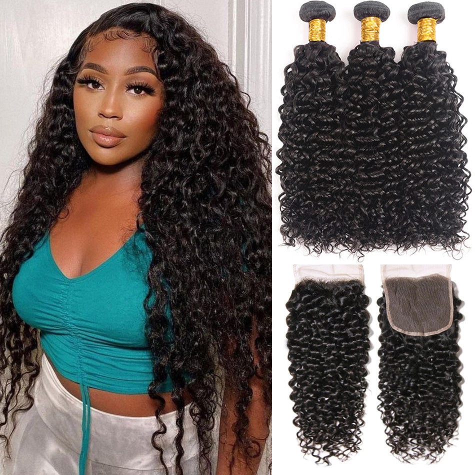 Remy Jerry Curl  Human Hair Natural Black  3/4 Bundles With 4x4 Lace Closure