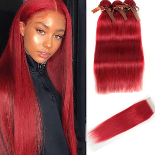 Queen Remy Human Hair 3 Bundles with Closure Straight Hair Weave Red Color