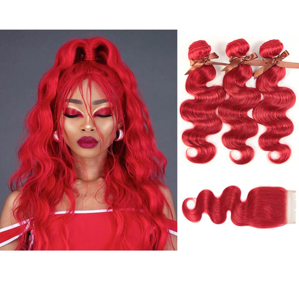 Queen Remy Human Hair 3 Bundles with Closure Body Wave Red Color