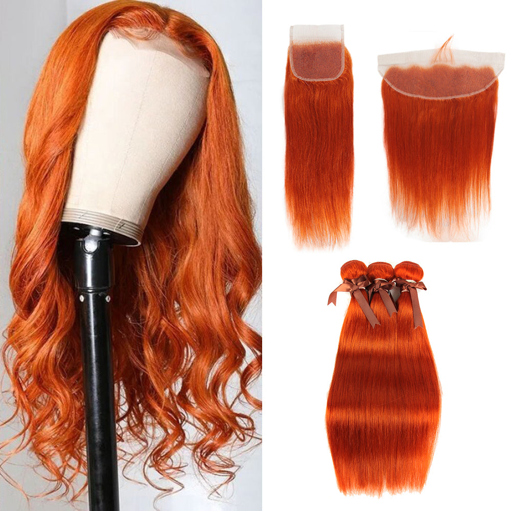 Queen Remy Cheveux Humains Gingembre Orange Couleur 3 Faisceaux avec Fermeture Cheveux Raides Armure Couleur Orange