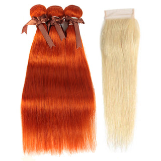 Queen Remy Human Hair 3 Bundles with Blonde Closure Straight Hair Weave