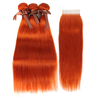 Queen Remy Human Hair Ginger Orange Color 3 Bundles with Closure Straight Hair Weave Orange Color