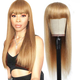 QVR #27 Honey Blonde Human Hair Wigs with Bangs 13x4 HD Lace Wig/Full Machine Made Wig With Bangs