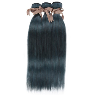 Queen Remy Human Hair 3 Bundles Straight Human Hair Weave Ink Blue Dark Green Color