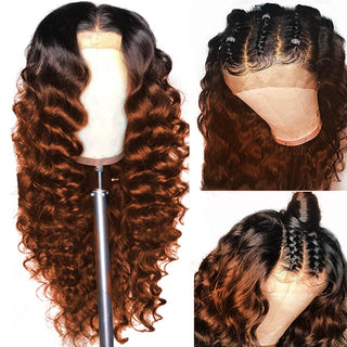 QVR 1B/33 Glueless Affordable Loose Deep Wave 4x4/5x5 Lace Closure Ombre Reddish Brown Colored Wigs