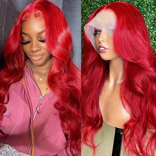 32 Inch Red Color Lace Front Wigs Body Wave Transparent 13x4 Lace Front Wig with Pre Plucked