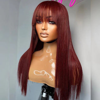 Perruque Lace Front Wig 13x4 droite brun rougeâtre avec frange perruque de cheveux humains fabriquée à la machine facile à emporter
