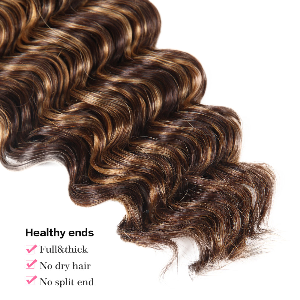 QVR Virgin Human Hair Deep Wave Weave 3 Bundles Human Hair Bundlle Piano Brown Blonde Color 113G/Bundle