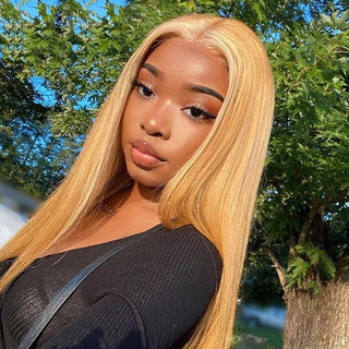 QVR Straight Wig Virgin Human Hair Lace Closure & Frontal Glueless Wigs with Baby Hair Golden Blonde Color #27