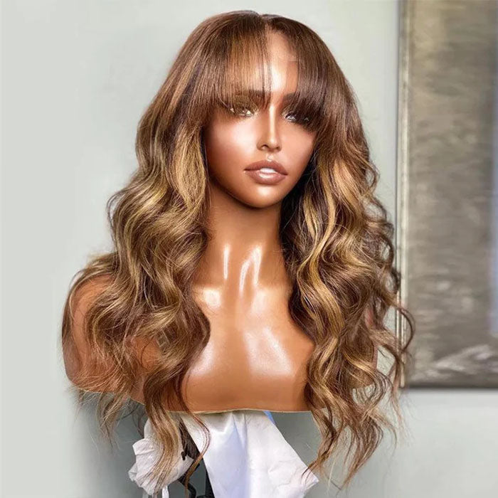 QVR Body Wave Wig With Bangs Full Machine made Human Hair Wig/13x4/4x4 HD Lace Front Wigs P4/27