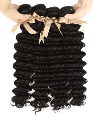 QVR Queen Remy 4 Bundles With Closure Deep Wave With 4x4 Lace Closure Natural Black