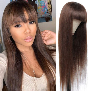 QVR #4 Chocolate Brown Straight Wig With Bangs Glueless Full Machine Made Human Hair Wig With Bangs