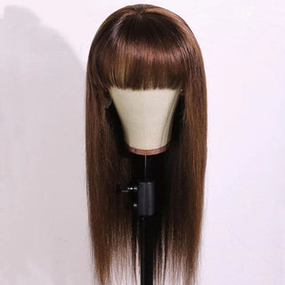 QVR #4 Chocolate Brown Straight Wig With Bangs Glueless Full Machine Made Human Hair Wig With Bangs