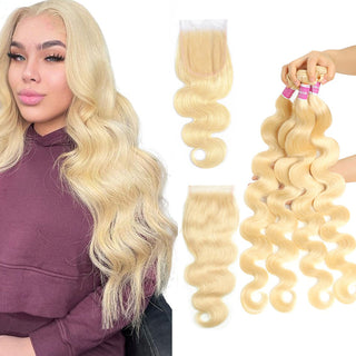 QVR Remy Human Hair Blonde Hair Body Wave 3 Bundles With 4x4 Lace Closure 613