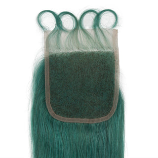 Queen Remy Human Hair 3 Bundles with Closure Straight Hair Weave Jade Green Color