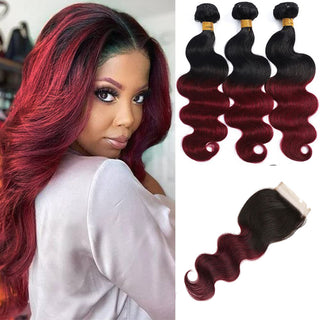 QVR Queen Remy Body Wave Human Hair Bundles With Closure 1B Burgundy Remy Peruvian Dyed Omber 3 Bundles With Frontal 4x4 Brazilian Human Hair