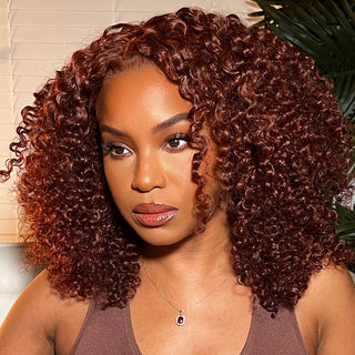 QVR Glueless Auburn Brown 13x4 Lace Frontal Wig Kinky Curly Reddish Brown Color Human Hair Wigs