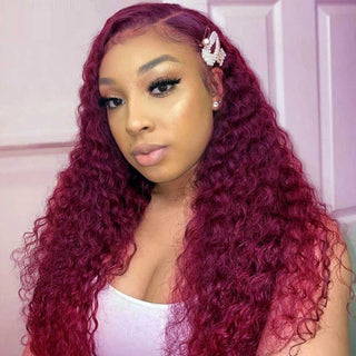 QVR 99J Burgundy Deep Wave Wigs Remy Human Hair Glueless Wigs 16-30 Inch Colored Curly 13x4 Lace Frontal Wigs