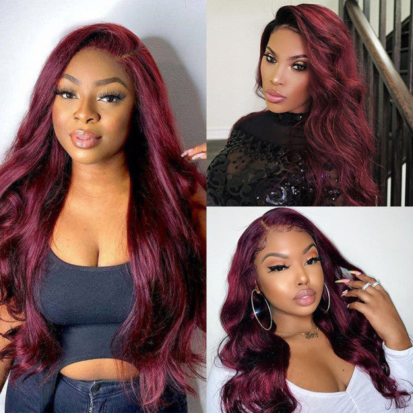 QueenVirginRemy 99J Lace Closure Body Wave Wig 4x4 Burgundy Wigs Human Hair Lace Wigs