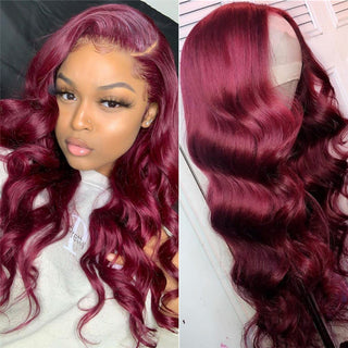 QueenVirginRemy 99J Lace Closure Body Wave Wig 4x4 Burgundy Wigs Human Hair Lace Wigs