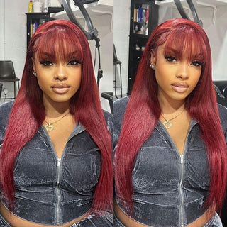 99J Burgundy Straight Human Hair Wigs With Bangs 13x4/4x4 Lace Wig/Full Machine Made Wig With Bangs
