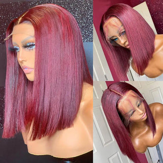 QVR 99J Burgundy Color T Lace Short Bob Wigs Straight Human Hair Wig 180% Lace Front Wigs