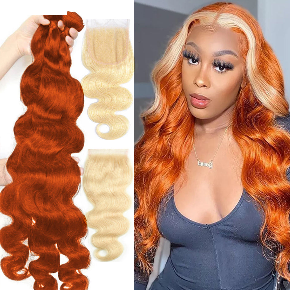 QVR Body Wave Human Hair Bundles 3 Ginger Orange Human Hair Bundles with Blonde Lace Closure Skunk Stripe