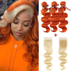 QVR Body Wave Human Hair Bundles 3 Ginger Orange Human Hair Bundles with Blonde Lace Closure Skunk Stripe 