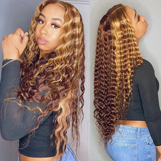 QVR Deep Wave Wigs Virgin Hair Kinky Curly Wigs Pre Plucked 13x6 4x4 HD Lace Frontal Wigs Piano Brown Blonde