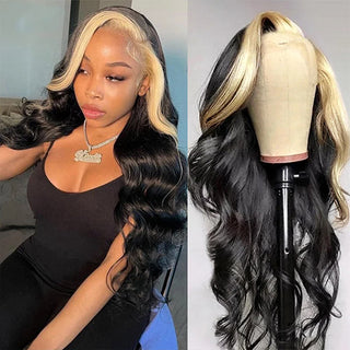 Skunk Stripe Natural Black with 613 blonde Body wave 13x4 Transparent Lace Front Human Hair Wig