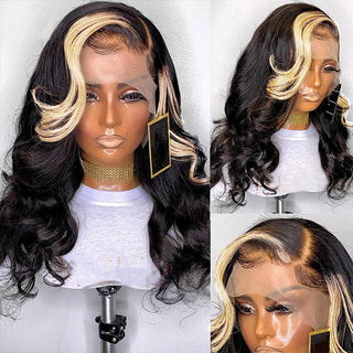 Skunk Stripe Natural Black with 613 blonde Body wave 13x4 Transparent Lace Front Human Hair Wig