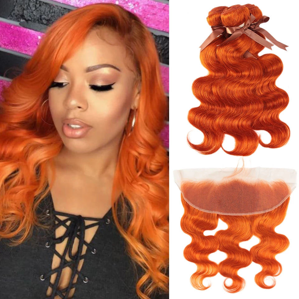 QVR Body Wave Hair Bundles Avec Fermeture Remy Hair 3 Bundles avec Frontal Orange Ginger Color