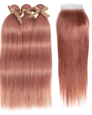 Queen Remy Human Hair 3 Bundles with Closure Straight Hair Weave Pink Color