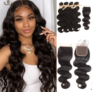 QVR Queen Remy 4 Bundles With Closure Body Wave With 4x4 Lace Closure