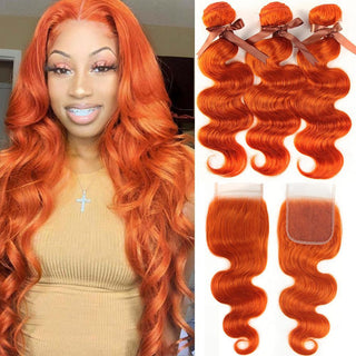 Queen Remy Human Hair 3 Ginger Bundles with Closure afterpay Body Wave Orange Color