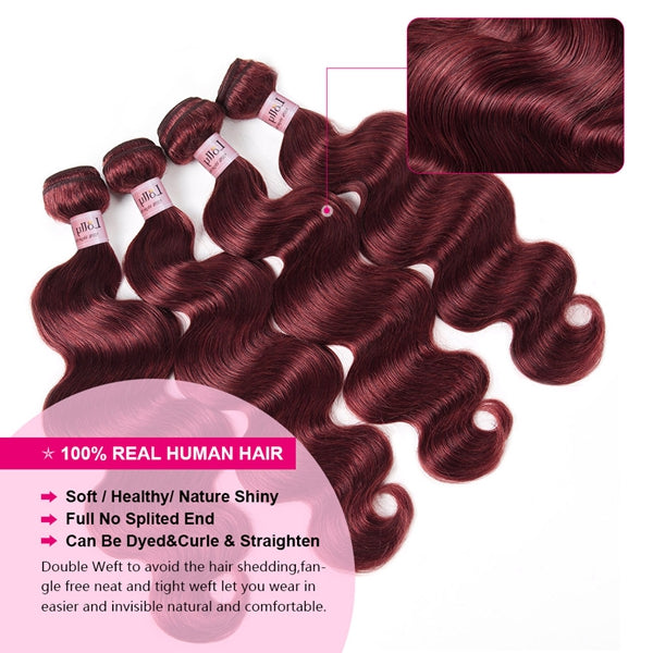 Bundles de cheveux humains bordeaux avec fermeture 99J Body Wave Hair 3 Bundles avec fermeture à lacet