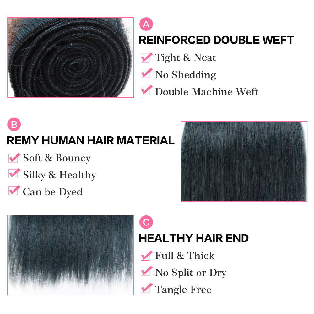 Queen Remy Human Hair 3 Bundles with Closure Straight Hair Weave Ink Blue Jade Shade Dark Green Color