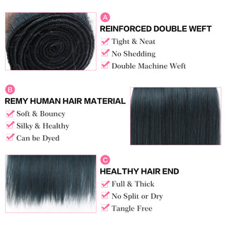 Queen Remy Human Hair 3 Bundles with Closure Straight Hair Weave Ink Blue Jade Shade Dark Green Color