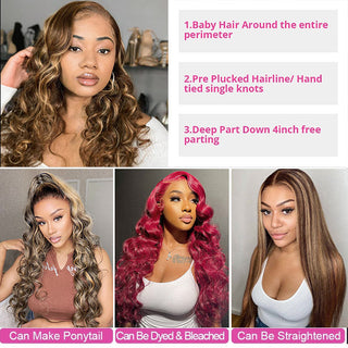 QVR Loose Deep Wigs Virgin Human Hair Brown Blonde Wig 13x4 Lace Front Wigs Highlights 30 Inch