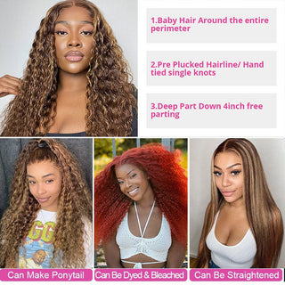 QVR 30Inch Highlight Wigs Deep Wave 13x4 HD Lace Front Wigs Ombre Honey Blonde Human Hair Wigs