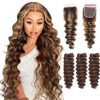 QVR Deep Wave Weave 3 Bundles with Closure Virgin Human Hair Highlights Weave and Closure Piano Brown Color