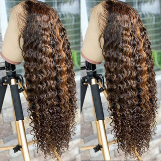QVR Deep Wave Closure Wigs Human Hair Wigs 180% Density 4x4 Lace Closure Highlight Wigs Honey Blonde